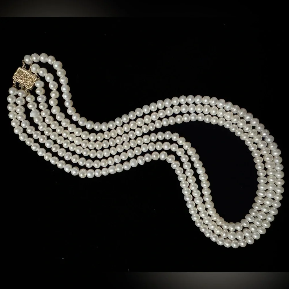14k Yellow Gold 3 Strand Freshwater Pearl Estate Heirloom Necklace - Picture 5 of 9
